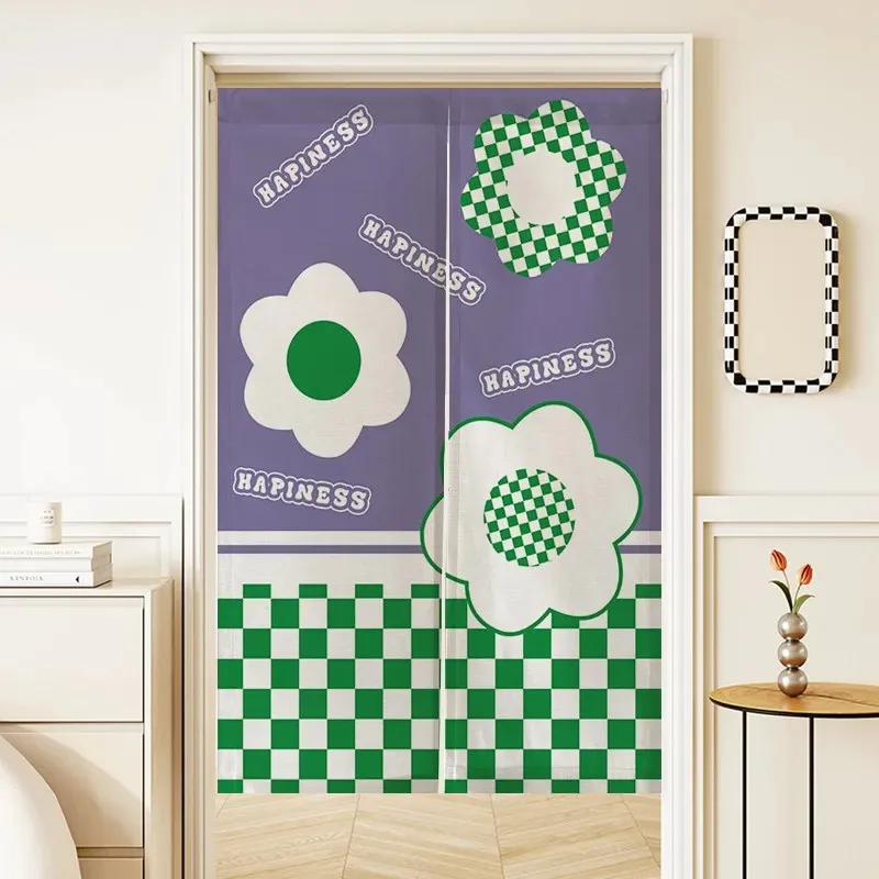 VIKAMA Retro Checkered Floral Print Half-Length Curtain, Dopamine-Style Fabric Japanese-Style Curtain, Bedroom Home Decor