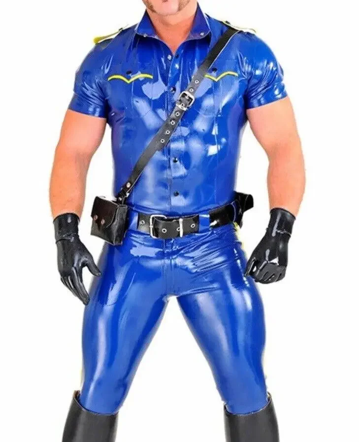 Latex Gummi Catsuit Rubber Blue Shirt Pants Role-playing Sets 0.4mm XXS-XXL