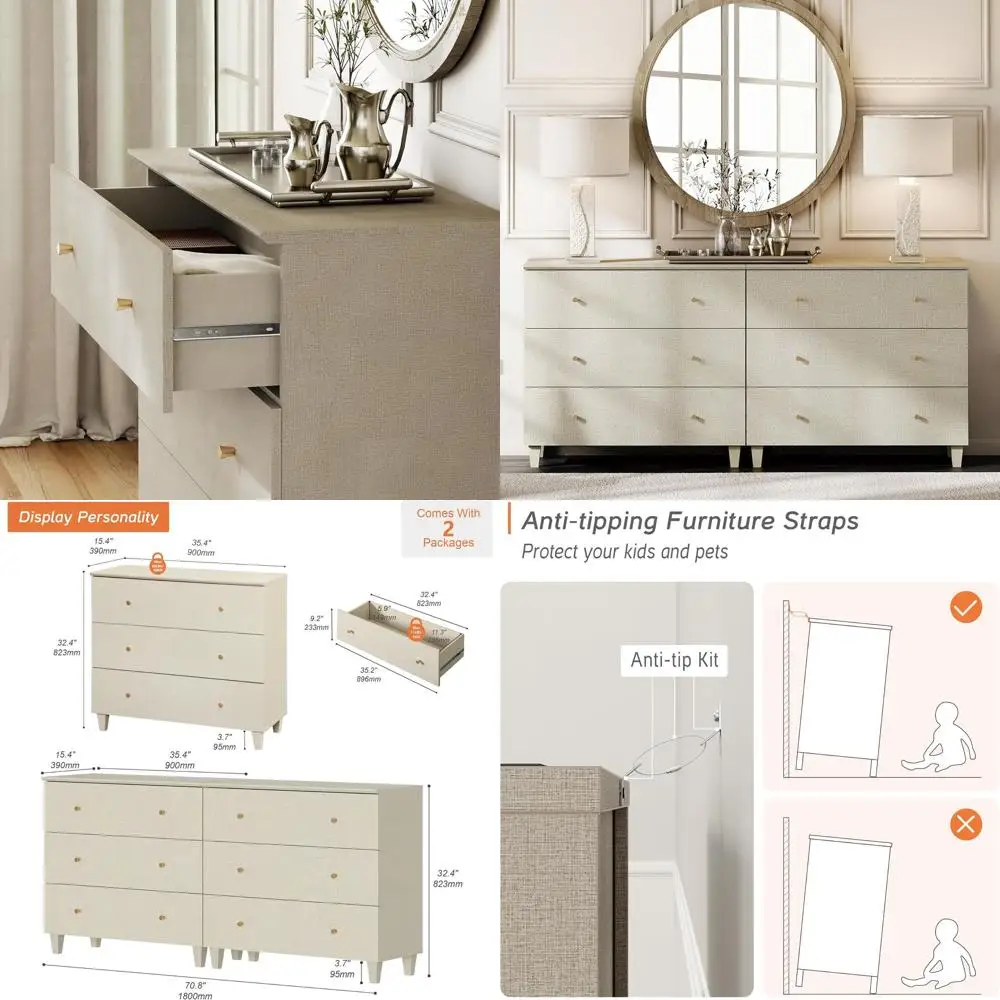 

Wide 70.8 Wooden Chest with 6 Drawers for Bedroom, Living Room, and Nursery - Beige Solid Wood Storage Organizer