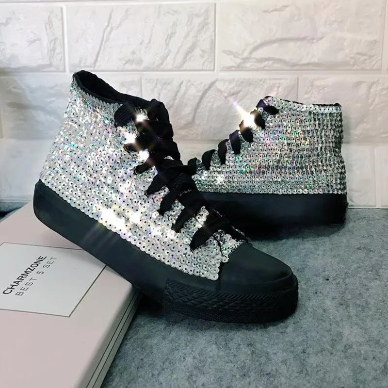 Hand sewn sequin street dance performance men's and women's high top shoes heavy industry solid color lace-up canvas shoes 34-40