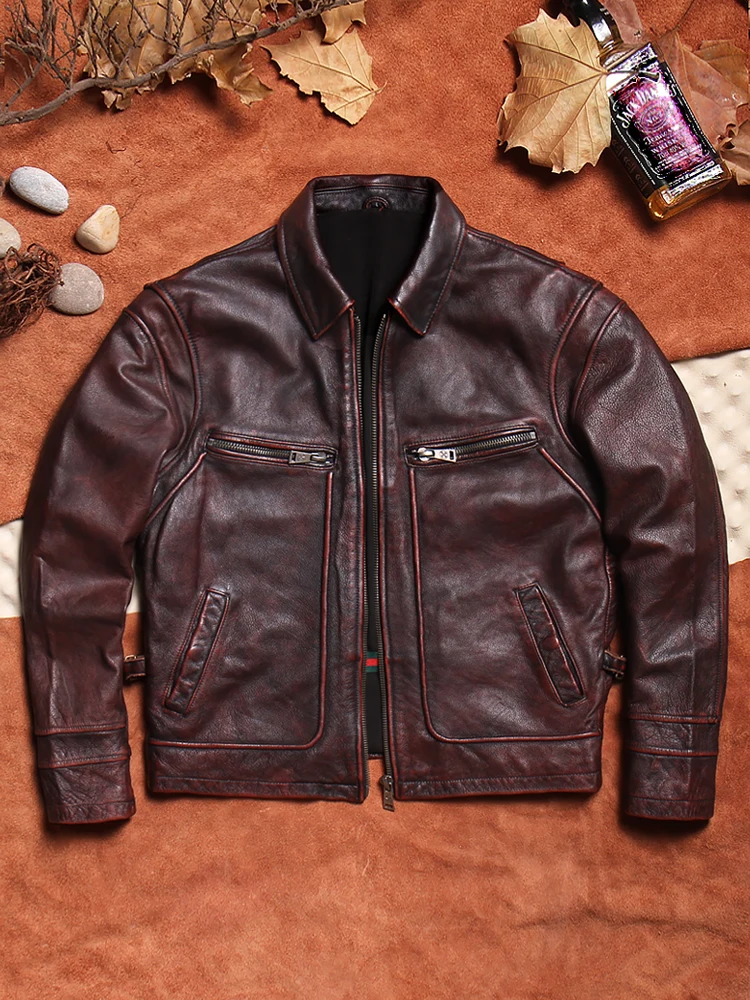 

Men's Genuine Thi Top Layer Cowhide Leather Jaet ort Biker Sle Casual Busin Waed Vintage Coat Zipper Closure