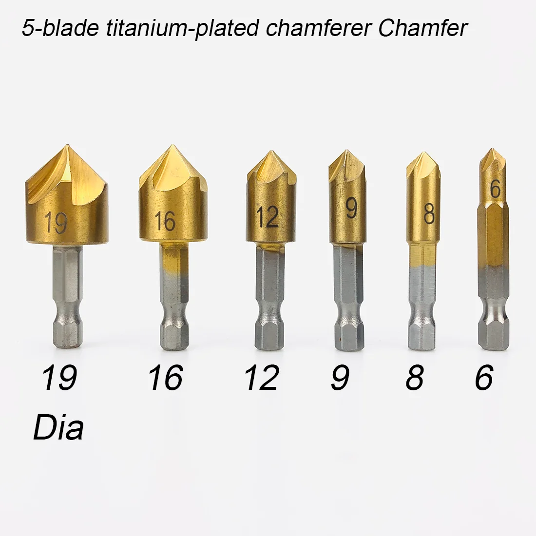 

6Pcs Dia 6-19mm Five Blade Titanium Plated Chamfer Drill with Hexagonal Handle Wood Chamfering Tool