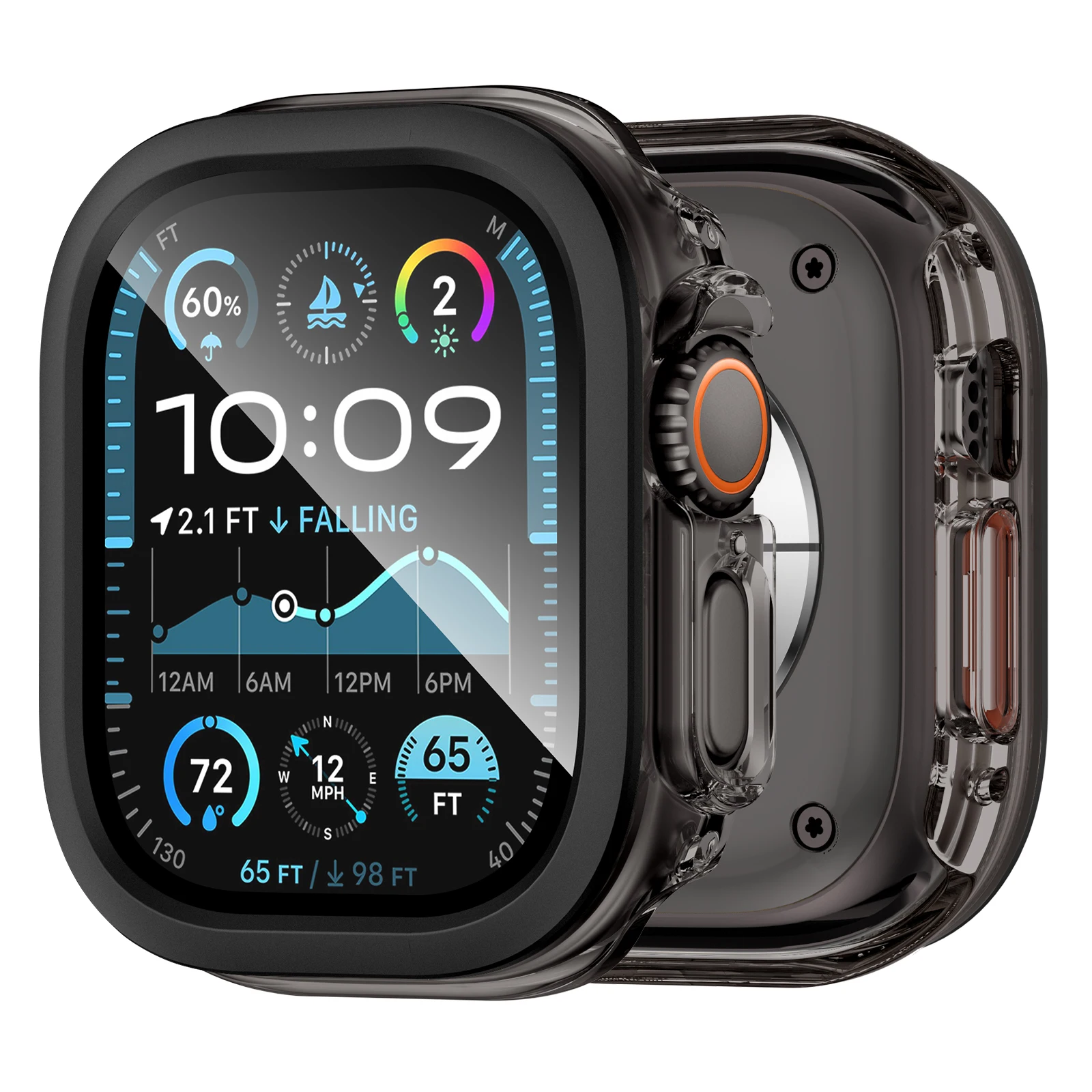 

For Apple Watch Ultra 2 49mm / Ultra 49mm Hard PC IML Watch Case with Tempered Glass Screen Film - Transparent Black