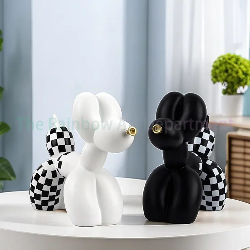 Creative black and white checkerboard golden mouth balloon dog ornament home living room TV cabinet soft decoration crafts