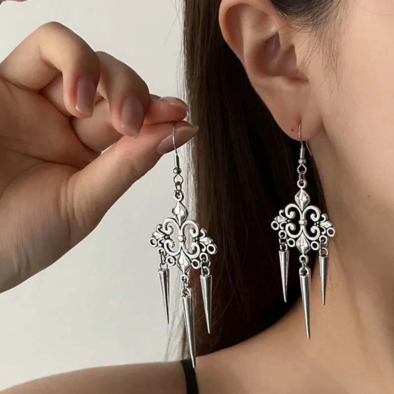 Vintage Cross Rivet Drop Tassel Dangle Earrings For Women Silver Color Goth Punk Fashion Jewelry Accessories