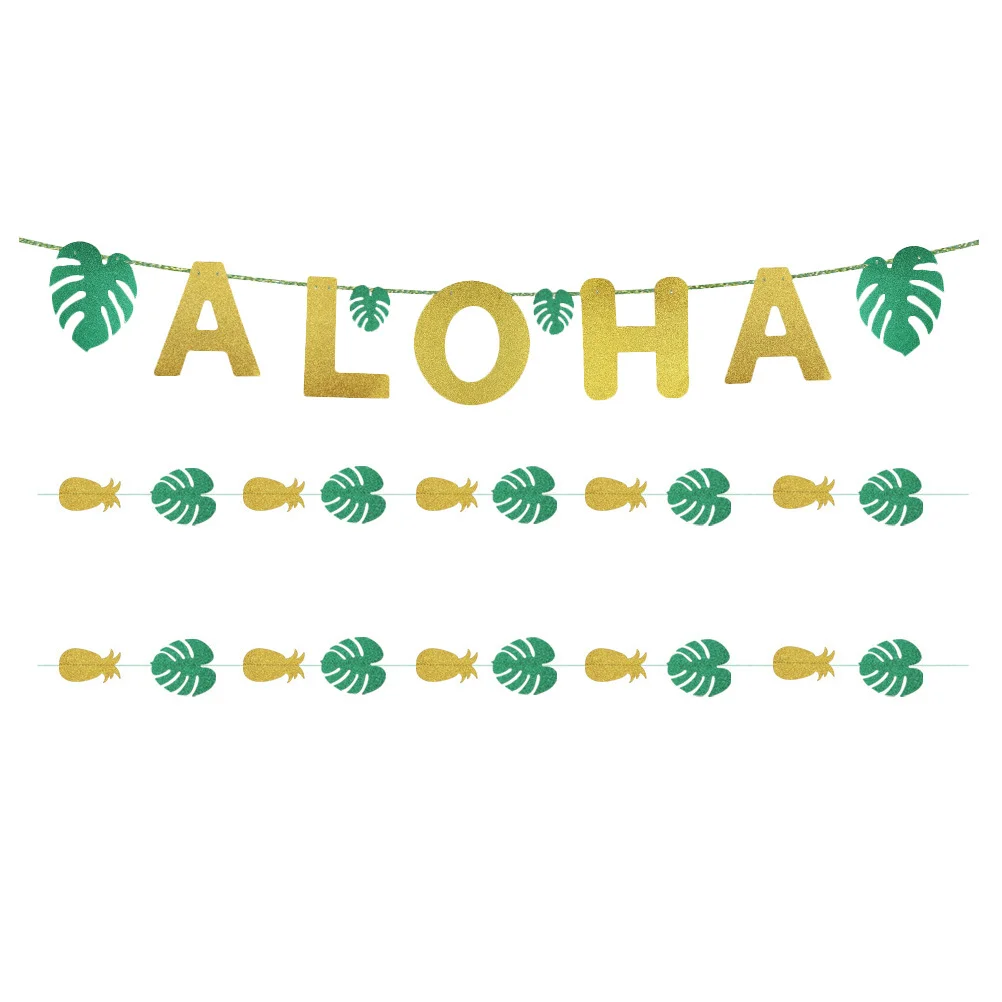 

3pcs Letter Pull Flag Gold Glitter Pineapple Green Leaf Hawaiian Party Decor Tropical Theme Bunting Party Hanging Supplies