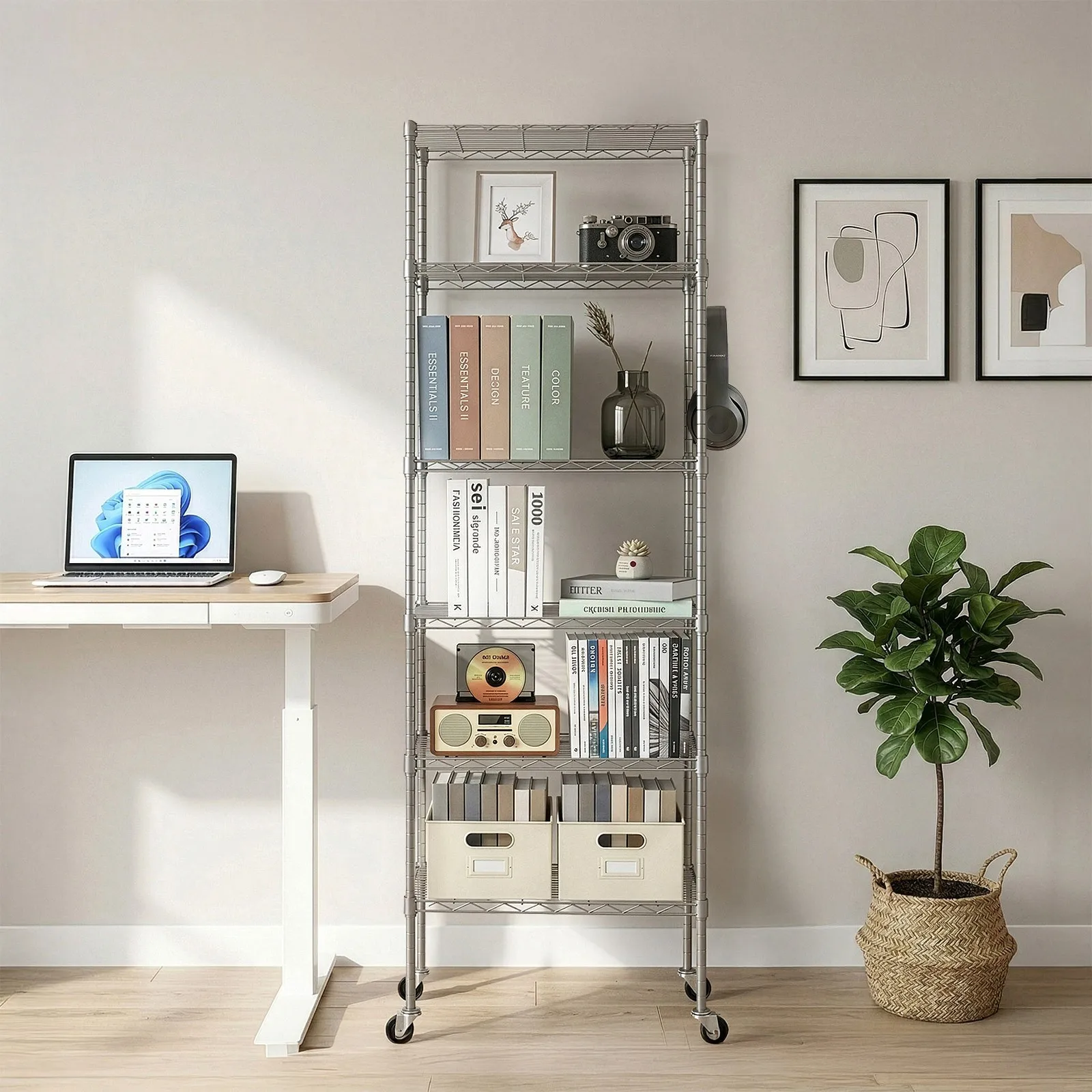 

6 Tier Wire Shelving Metal Storage Garage Rack Adjustable Shelf with Wheels Hook