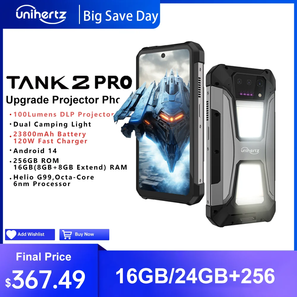 Wytrzymały telefon Unihertz tank 2 Pro 8849 z projektorem 100 MP 24 GB 256 GB Android 14 100 MP NFC 120 W Helio G99 23800 mAh