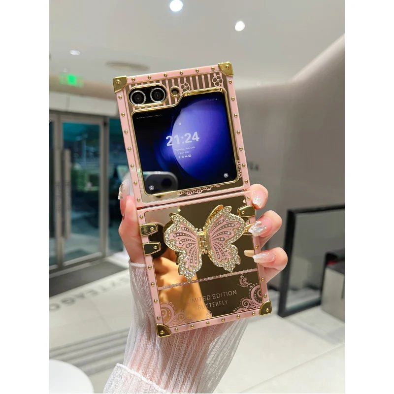 

Square electroplated anti-drop phone case for women, SamsungZflip3/Metal bracket phone case SamsungZflip4/Butterfly pattern phon