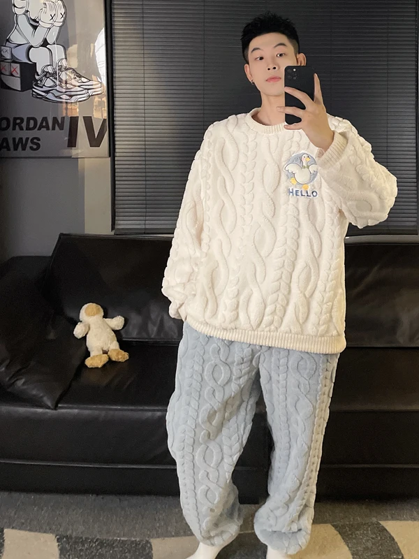 

DAIMELU big white goose pajamas men's autumn sleepwear winter coral fleece flannel set fattened large size 100kg fat loungewear