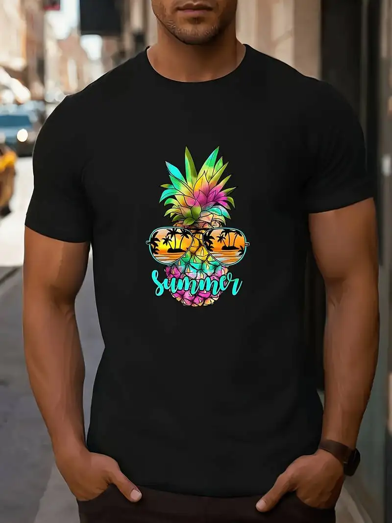 Men's Tropical Pineapple Graphic Short Sleeve T-Shirt, Crew Neck Casual Summer Tee, Slight Stretch Pure Cotton Breathable Soft