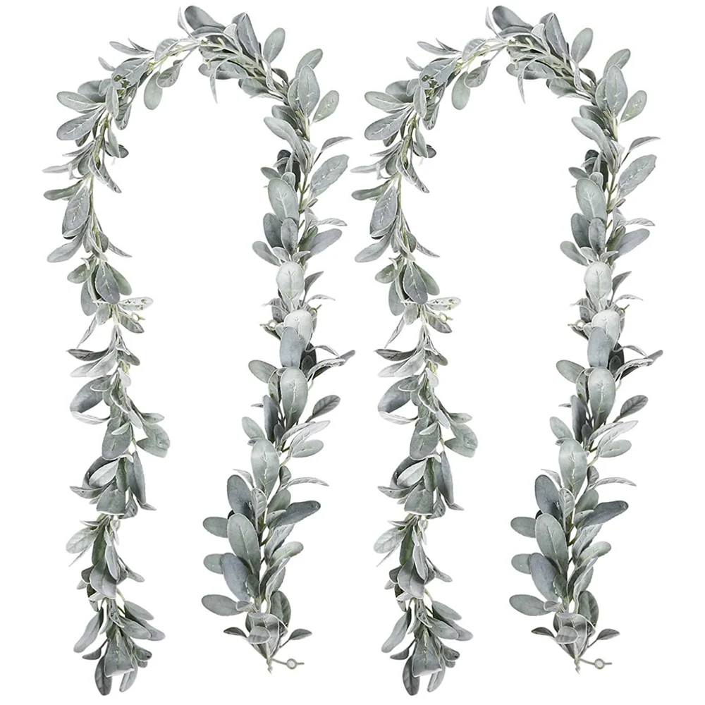 2 Pcs Artificial Flocked Lambs Ear Garland - 6Ft/Piece Soft Faux Vine Greenery and Leaves for Framhouse Mantle Decor