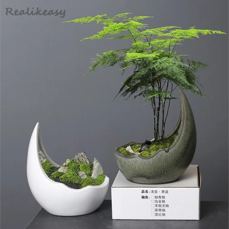 

Moon Shape Ceramic Flower Pot Green Plant Pot Succulent Planter Cactus Bonsai Pot Flower Container Home Outdoor Decoration ZG26