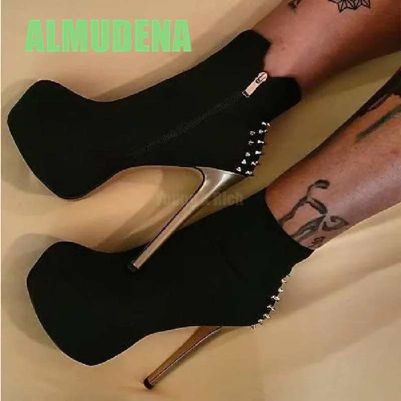 

Black Suede Single Shoes Fashionable Round Toe Waterproof Platform Side Zipper Rivet Decorative Temperament Slim High Heels