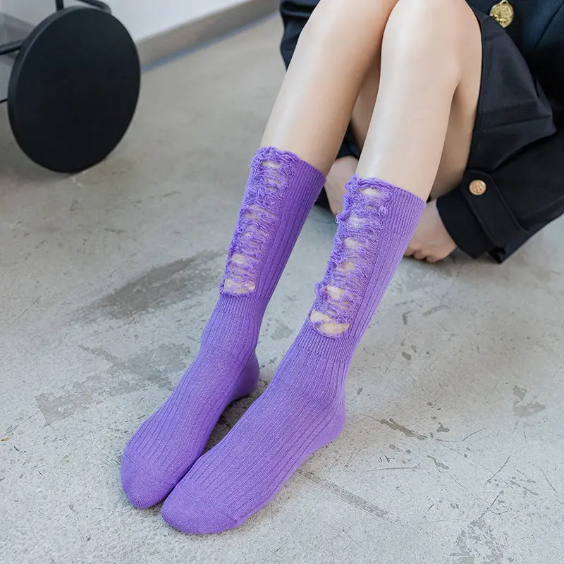 Punk Tattered Ripped Socks Gothic Hem Ribbed Female Broken Destroyed Socks Street Distressed Knit Footwear Beggar Socks