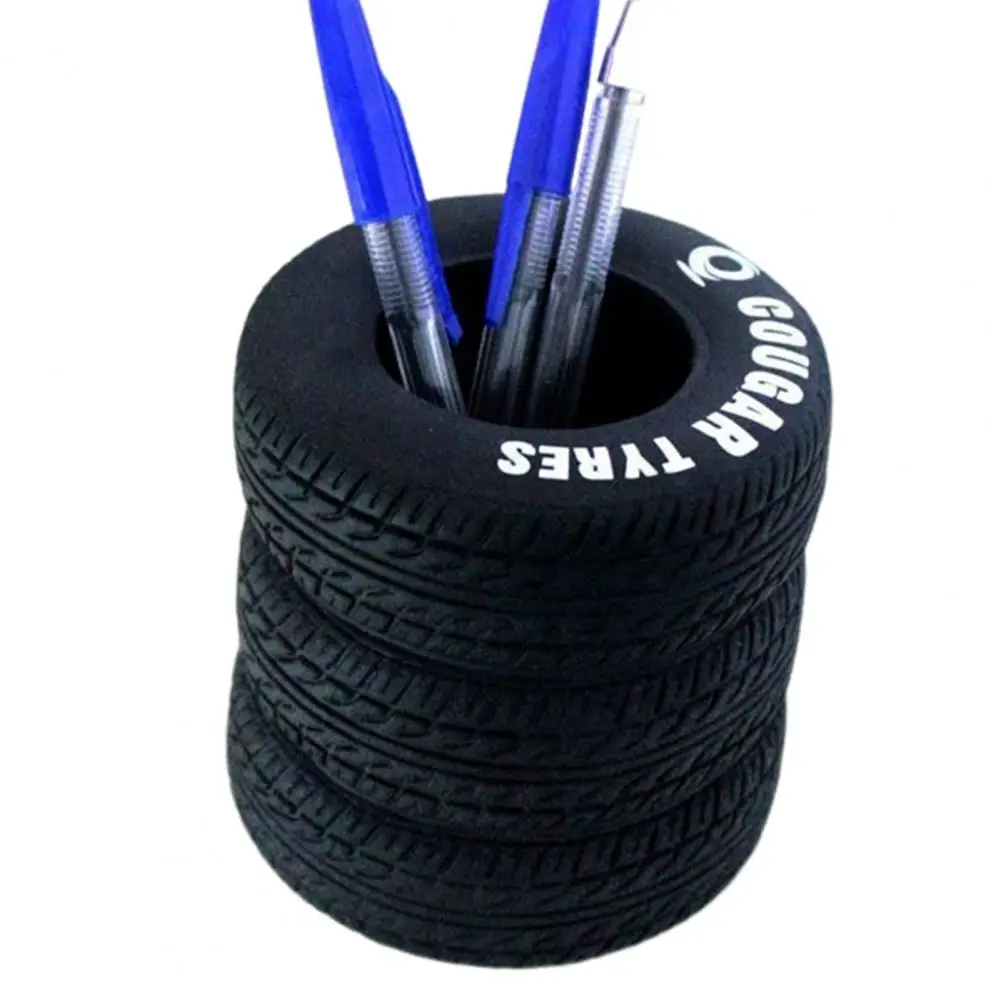 Car Tire Pen Holder 3-layer Car Tire Design Pen Holder Black Rubber Desk Organizer for Stationery Storage Organization Compact