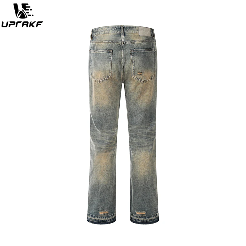 UPRAKF Distressed Pocket Ripped Jeans Streetwear Basic Pants High Street Autumn Casual Blue Denim Fashion Summer