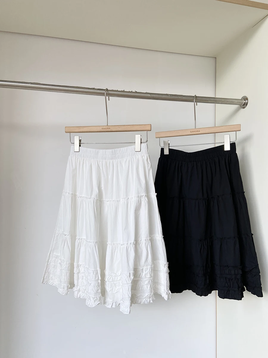 Coreano sle doce plissado bolo f saia de cintura alta magro a linha midi saia para mulher verão 2025 fibra de poliéster 00%