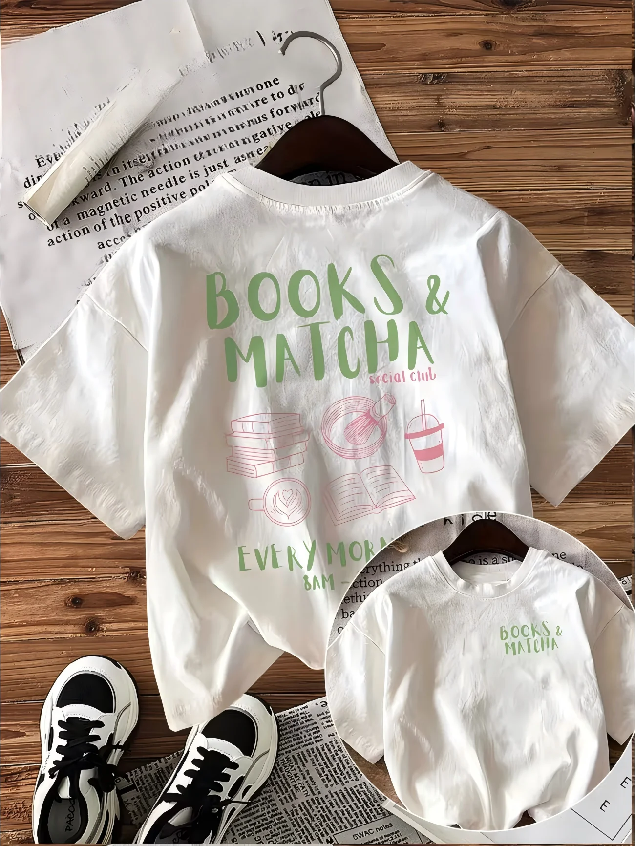 Vintage Matcha Tea And Books T-Shirt Every Morning 8AM Graphic Tee Summer Short Sleeve Cute Art Print Casual Fashion Unisex Tops