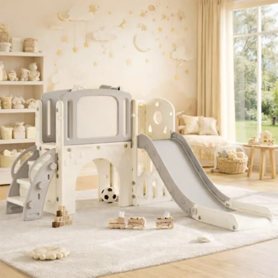 

8-in-1 Toddler Slide Playground Set for Indoor and Outdoor Fun Includes Climber Basketball Hoop Telescope Tunnel and Storage Sp