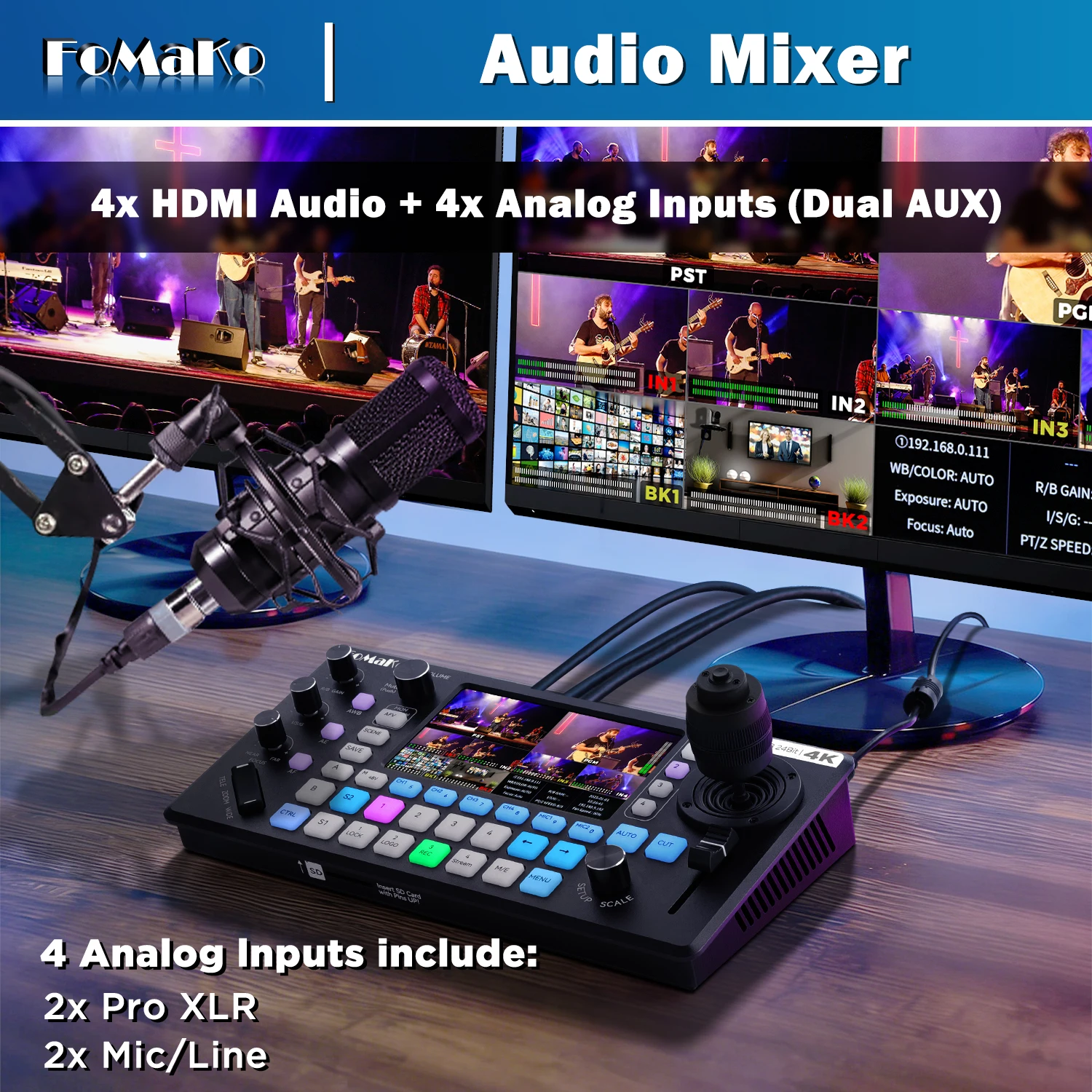 KC800 4K HDMI Multi-Camera Streaming Video Mixer Switcher, Integrated 4D Joystick PTZ Controller, 5.5