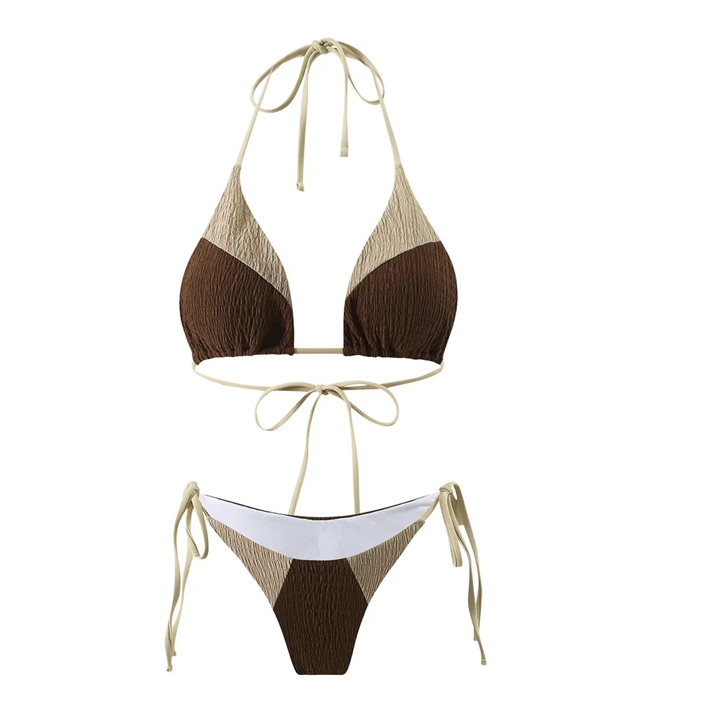 

New Sexy Color Block Triangle Bikini 2025 Women Swimwear Female Swimsuit Two Pieces Thong Bikini Set Bather Bathing Suit Beach