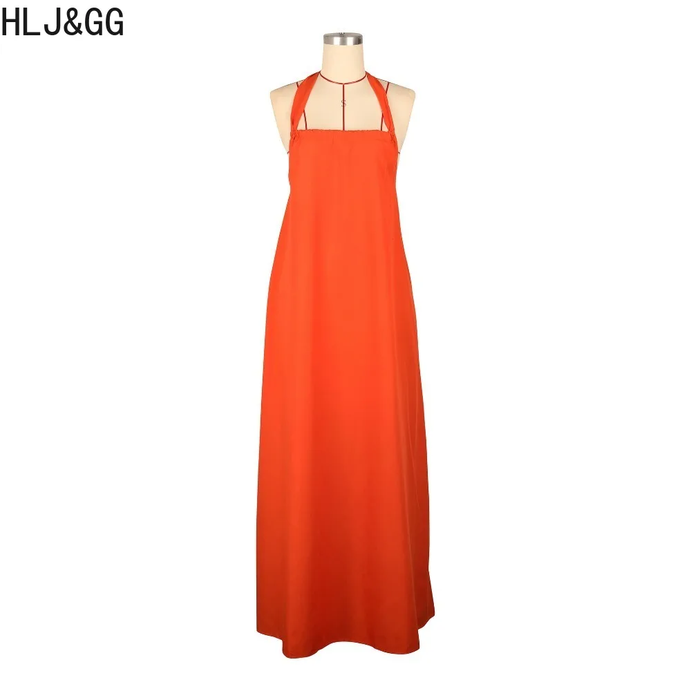 HLJ&GG Casual Solid Color Backless Lace Up Halter Maxi Dresses Women Sleeveless Loose Robe Spring New Female Holiday Clothing