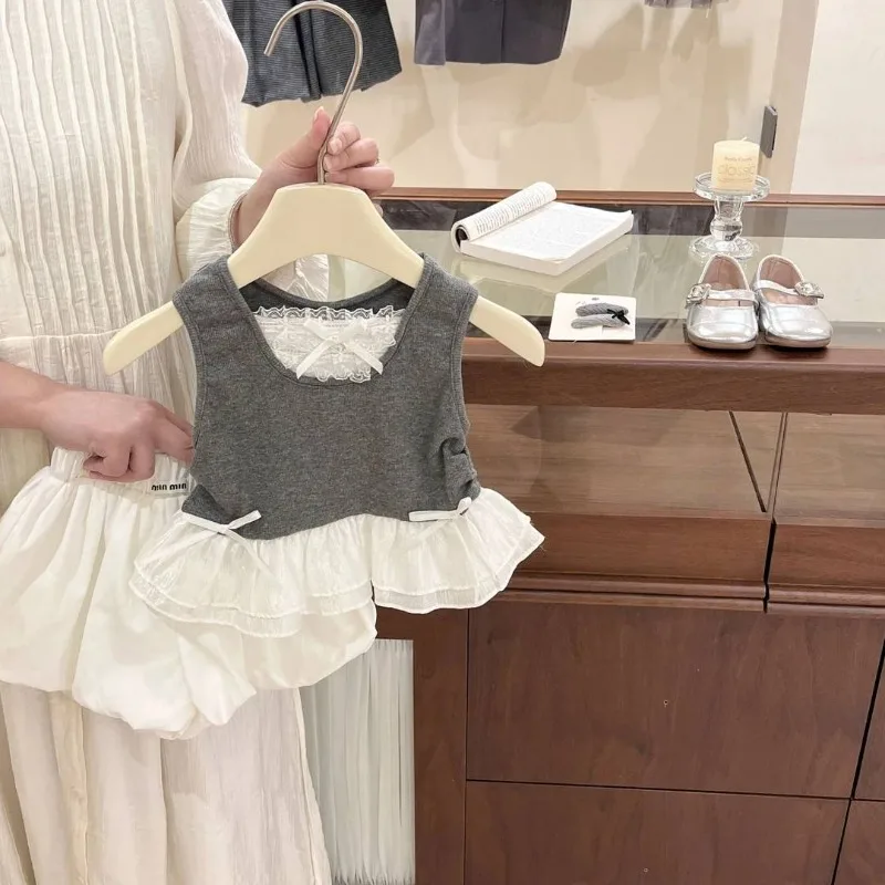 

Girls' set summer new lace vest baby shorts top Korean two-piece set flower bud pants baby