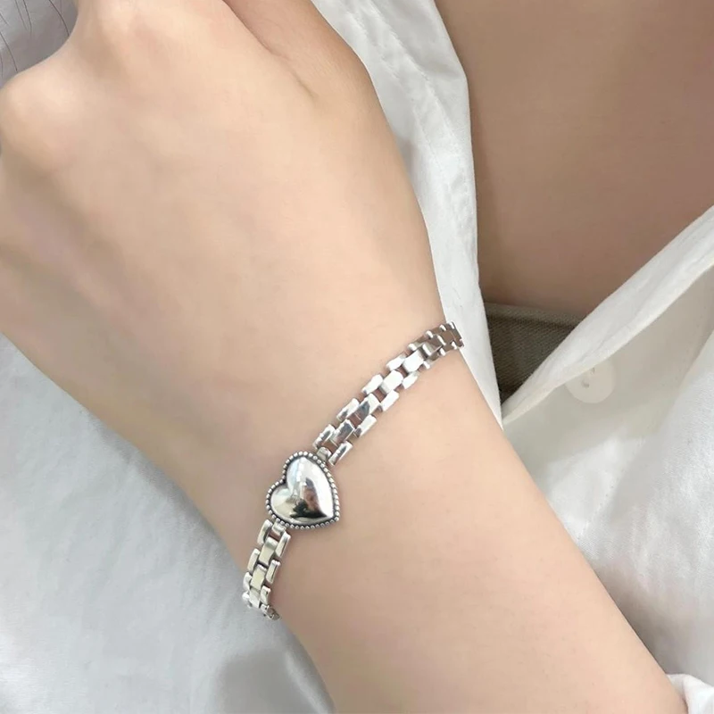 Foxanry Silver Color Creative Chain Bracelet For Women Couples New Fashion Vintage Minimalist Love Heart Geometric Jewelry Gifts