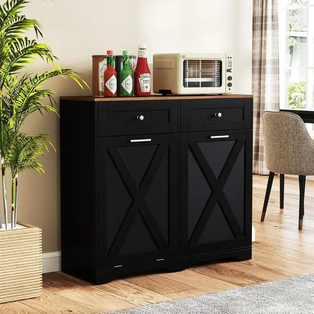 Kitchen Island with Dual Drawers, Adjustable Shelves, Barn Door, Countertop Charging Station, and Hidden Trash Bin in Black & Wa