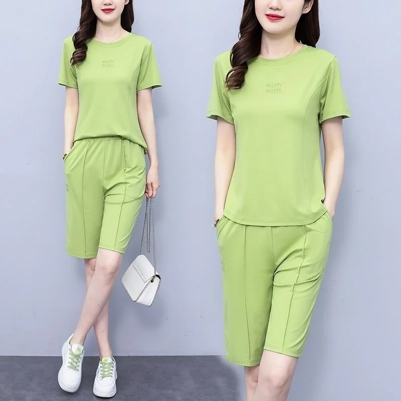 Women\'s Casual Suit 2024 Summer New Fashion Age Reducing Western-style Slim T-Shirt Crop Tops Knee Length Shorts 2 Two Piece Set