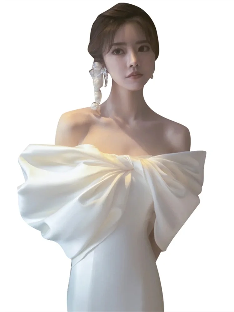 SONDR Abito da sposa personalizzato con spalle scoperte Raso civile Avorio Sirena Bowtie Spose Vestido De Noiva Abiti da sposa da donna