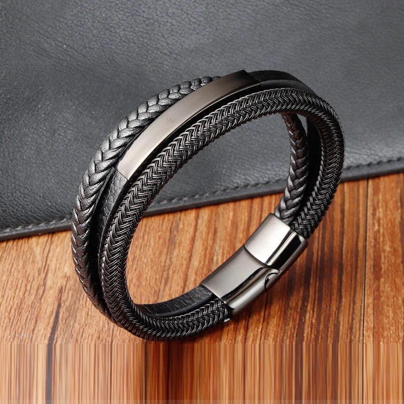 Gioielli semi-alta qualità Bracciale in acciaio inossidabile Braccialetti a catena intrecciata minimalista in vera pelle per uomo Nero