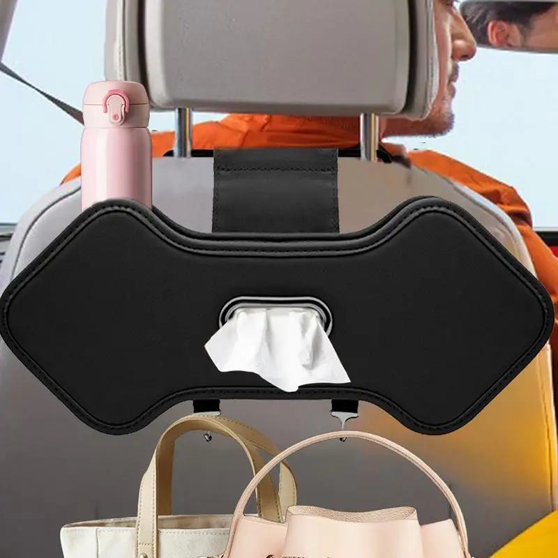 

Car seat back storage box with Water cup storage rack PU Leather Tissue Box with 2 hooks Multi-function auto interior Organizer