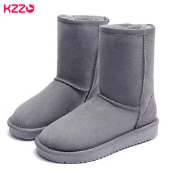 KZZO Size 36-48 Australia Classic Sheepskin Suede Leather Men Sheep Wool Fur Lined Winter Mid-Calf Snow Boots Waterproof Shoes
