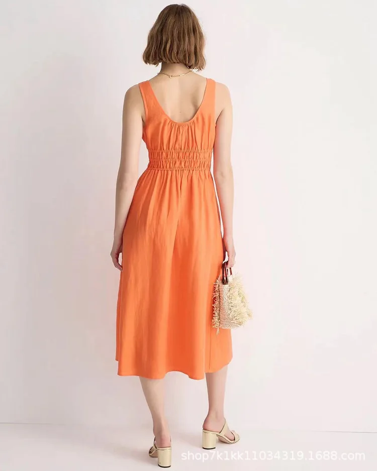 เดรสทรงเอวพลีทสีพื้นแบบเรโทร คอวี ผูกเชือก สายเดี่ยว กระโปรงทรงเอ  สำหรับฤดูใบไม้ผลิและฤดูร้อน รุ่นใหม่สำหรับผู้หญิง