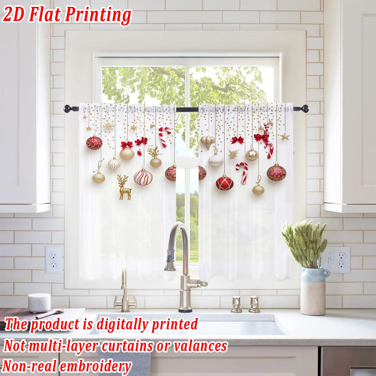 Christmas Flat Printing Kitchen Sheer Curtain with Christmas Ball Snowflake Bow Candy Reindeer For Christmas Home Decor  Party