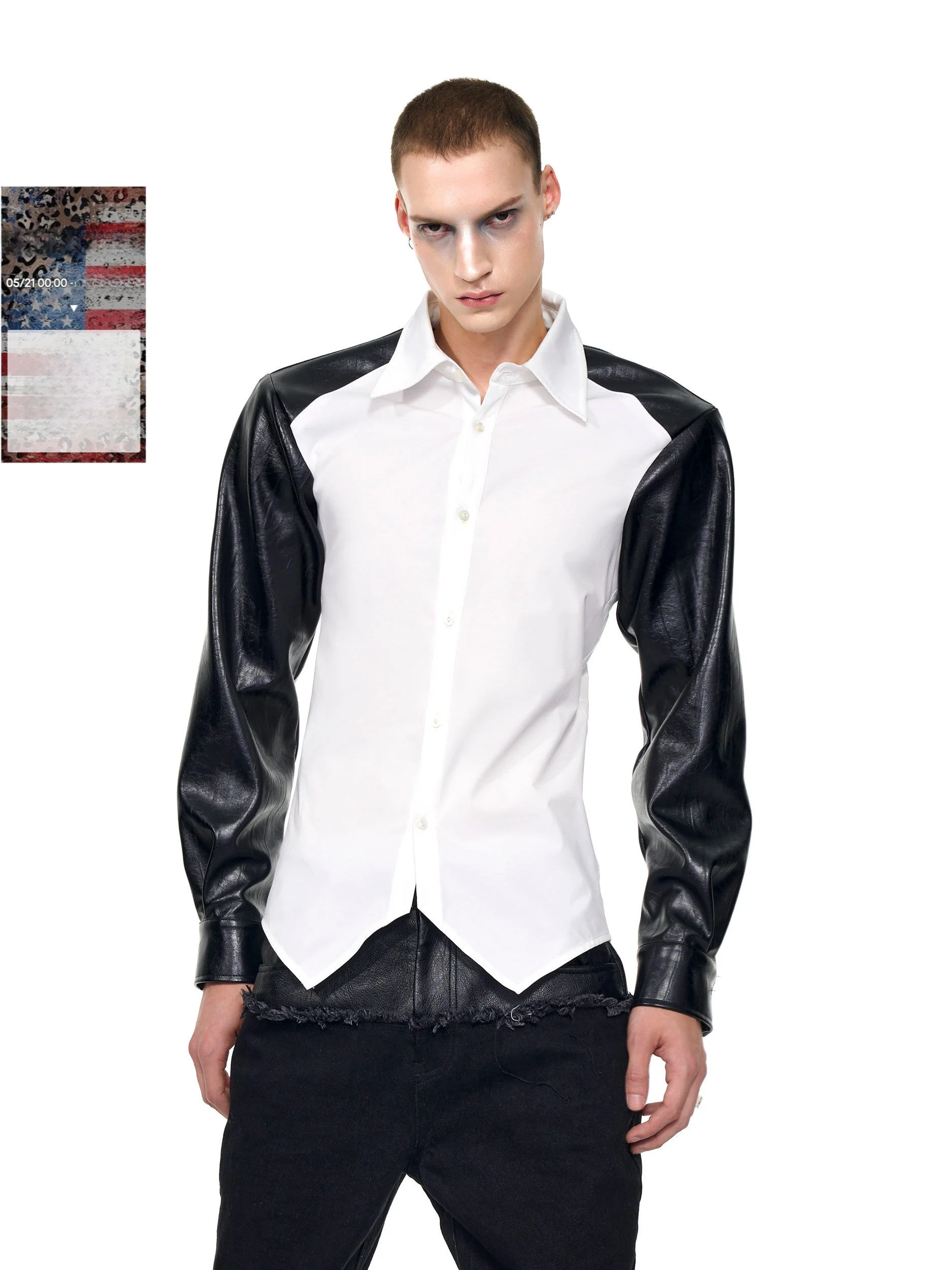 

Start Exceed End Men's Long Sleeve Leather Patchwork Shirt Autumn Irregular Hem Korean Style Flip Collar Inner Wear Casual Shirt