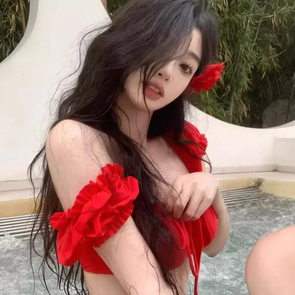 3Pcs Ruffle Three Pieces Bikini Suit with Flower Hair Clip Split Swimsuit Swimwear Set Summer Y2k Beachwear Clothing Beach
