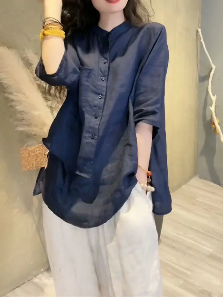 레트로 헴프 셔츠 여성 비대칭 린넨 탑 얇은 루즈핏 일반 소매 길이 순색 출퇴근 스타일 여름 셔츠