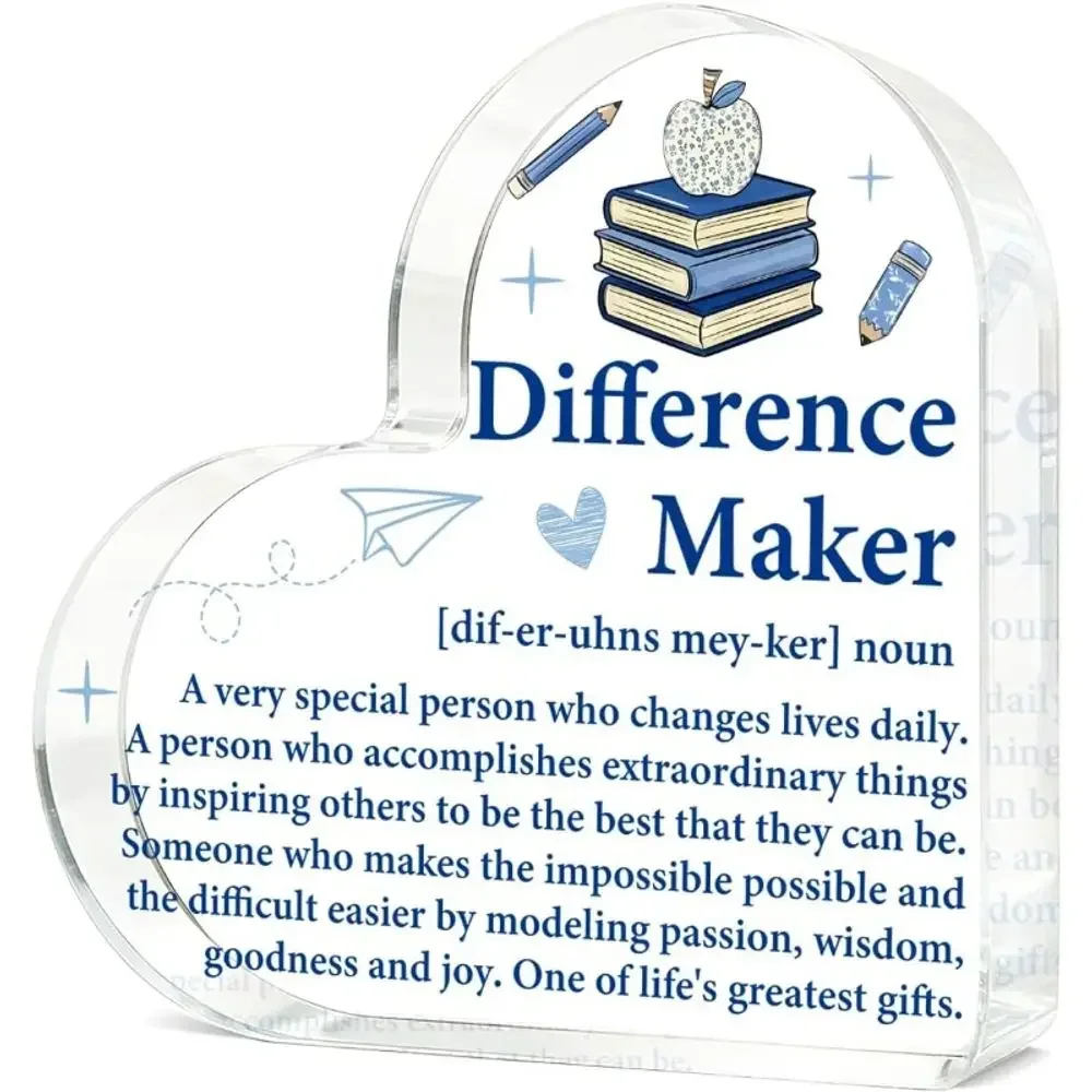 Heart Acrylic Plaque Difference Maker Teacher Appreciation Desktop Gift,Book Apple Pencil Design Clear Acrylic Heart Thank You Teacher Ornament