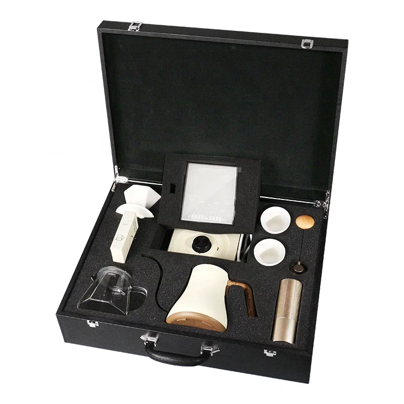 Professional Coffee Brewing Set with Leather Case Octagonal Ceramic Dripper Electric Kettle Scale Complete Kit for Barista