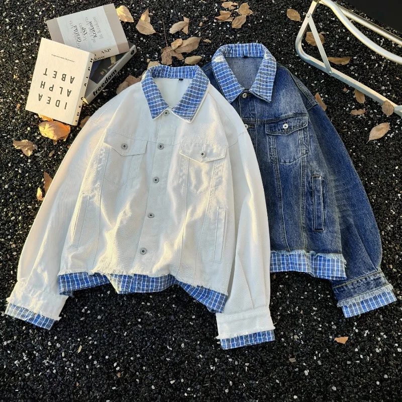 

Американская ретро-куртка из денима с клетчатыми вставками — унисекс, свободный крой, модная, для весны и осени, парная джинсовая куртка