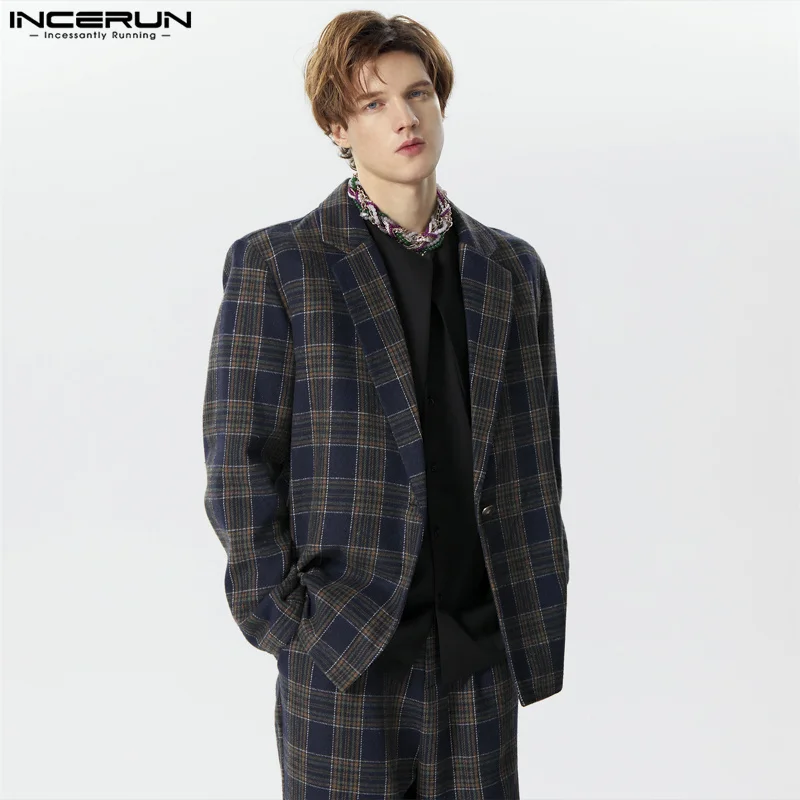 2024 Men\'s Plaid Blazer Lapel Long Sleeve One Button Streetwear Casual Suits Men Spring Elegant Fashion Male Coats S-5XL INCERUN