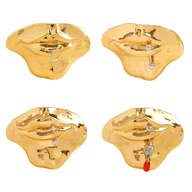 Q39C Abstract Mouth Brooch Gold Tone Pin for Shirt Lapel and Bag Accent