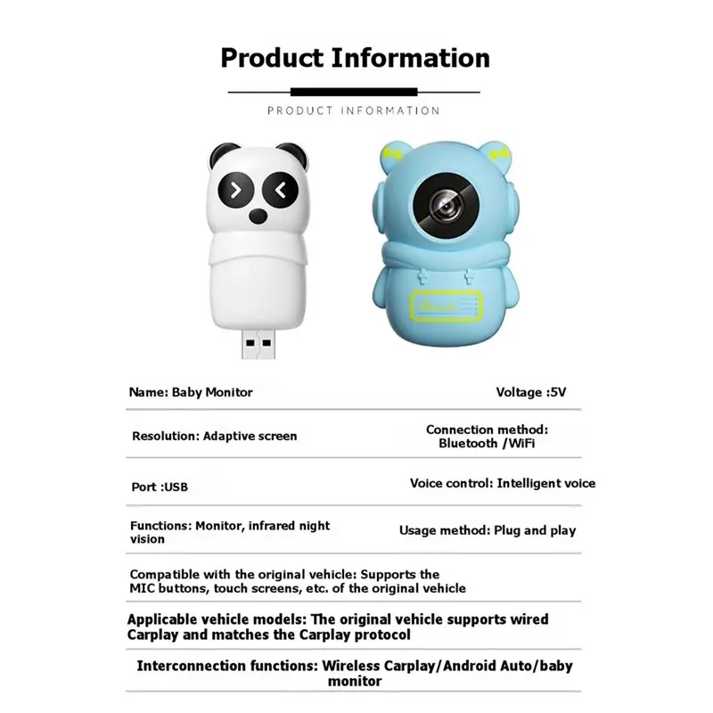 Smart Voice Controlled Baby Monitor For Cars 5Ghz Wifi Wireless Carplay& Android Auto Super Wide Angle With Stand