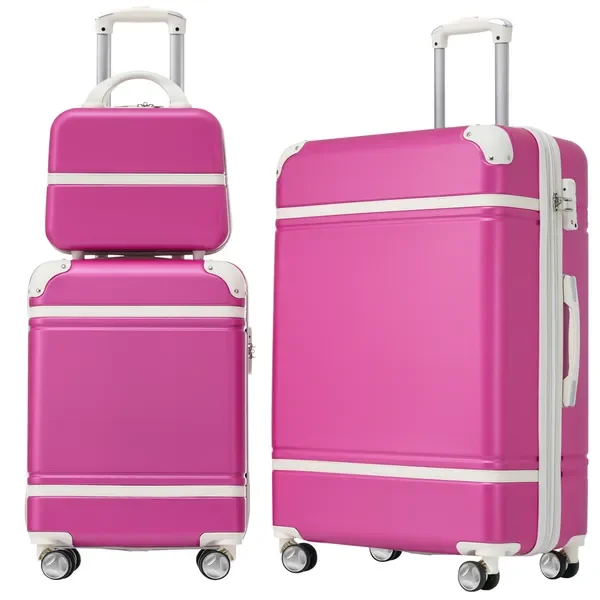 

3 Piece Pink Hardshell Luggage Set 20"+24" Luggage & Cosmetic Case Lightweight Spinner Wheels TSA Lock