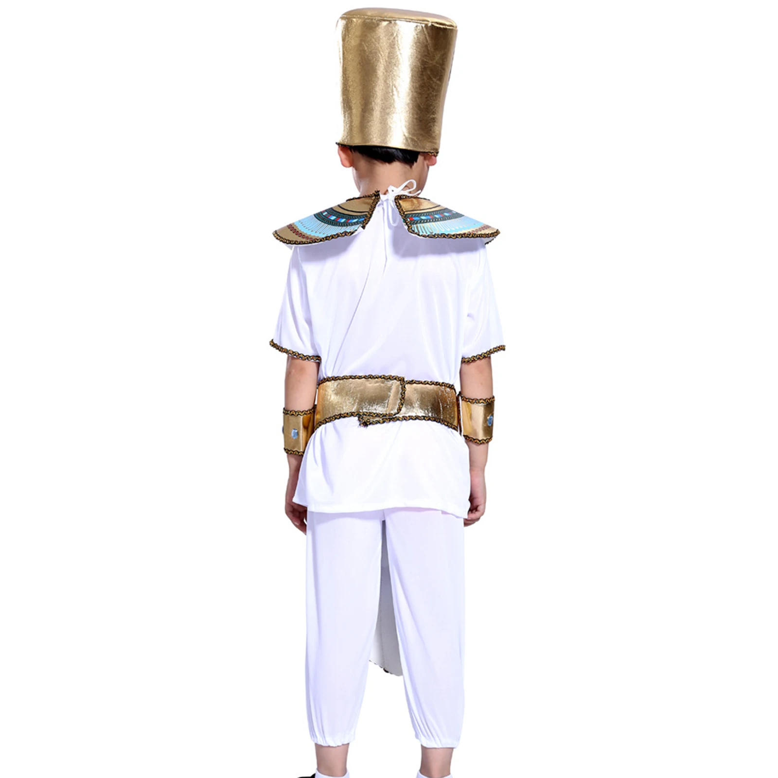 Kid Boy Egyptian Prince Costume Outfit Short Sleeve Top, Pants, Headwear, Neck Collar, Armbands Belt Set Halloween Cosplay Party