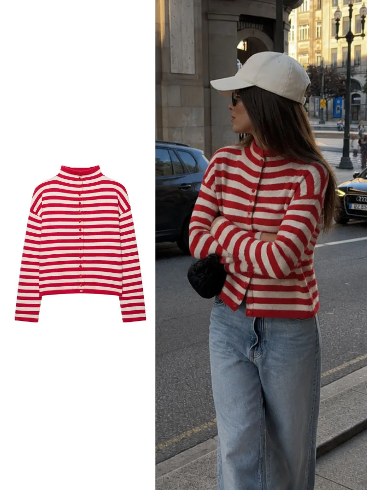 HH Fashion Trendy Red White Knit Top Women Autumn Winter Stylish Long Sleeve Relaxed Fit Street Wear Chic Gorgeous Cool Knitwear