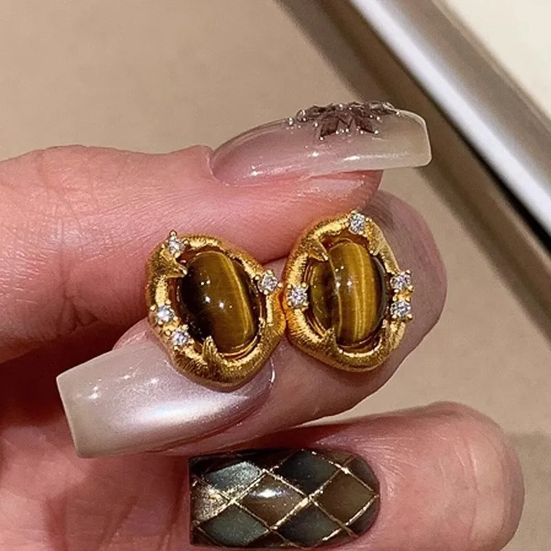 

Best-Selling Maillard Style Oval Tiger's Eye Golden Stud Earring,2025 Retro Palace-Style Earrings,Jewelry for Women Daily Party